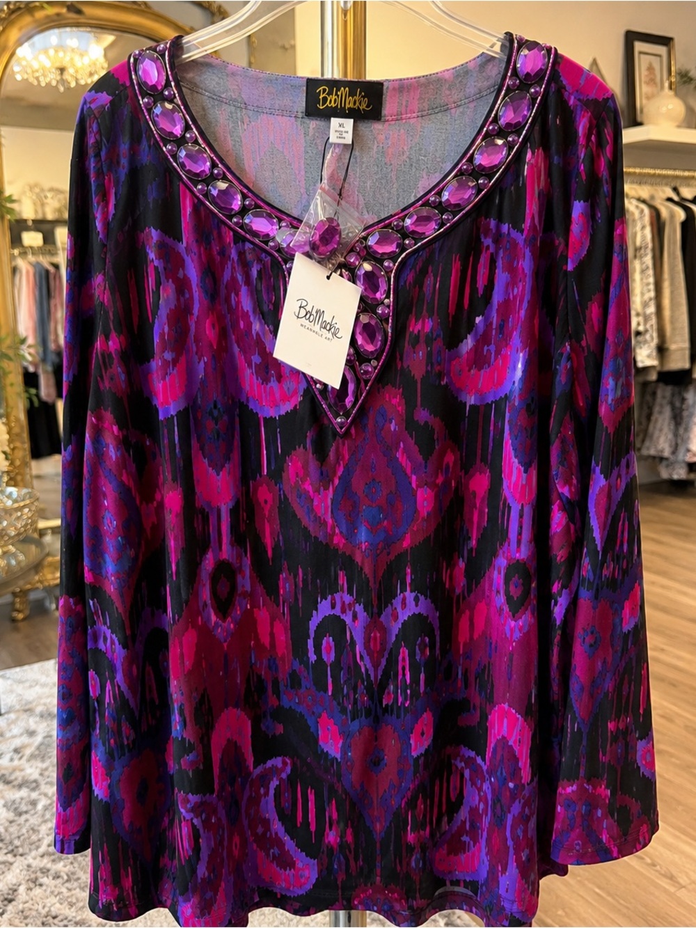 NWT Bob Mackie Wearable Art XL Jeweled Ikat Tunic Top Purple Pink